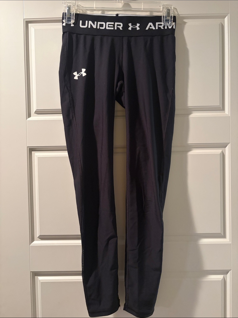 Kids Under Armour Black Athletic Compression Tights with White Logo - Size YM